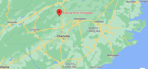 Map showing the location of Roaring River Vineyards in North Carolina, near Charlotte and Greensboro.