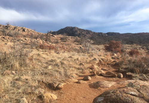 A rocky trail winds through dry grassland, leading towards distant hills under a cloudy sky.