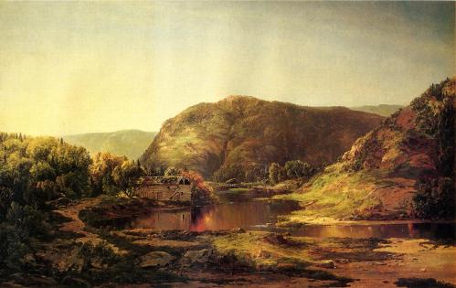 A serene landscape featuring a calm lake, rolling hills, and lush trees under a soft, golden sky.