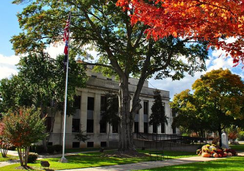 A historic building surrounded by vibrant autumn foliage and a flagpole, set in a green park.