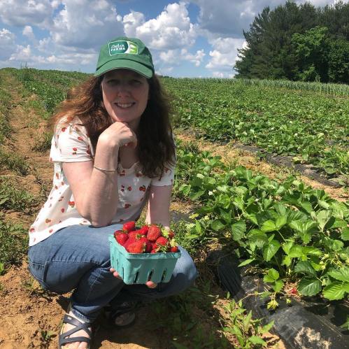 A woman in a green hat kneels in a strawberry field, holding a basket of fresh strawberries.
