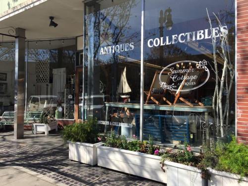 A storefront displaying antiques and collectibles, with a sign reading "Antiques Collectibles" and decorative items inside.