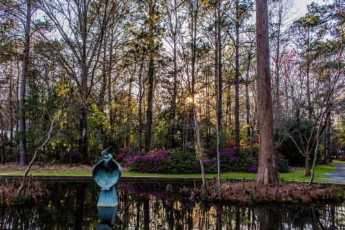A serene pond surrounded by trees and blooming flowers, featuring a bronze sculpture in the foreground at sunset.
