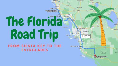 Map of a Florida road trip route from Siesta Key to the Everglades, featuring palm tree graphics and travel details.