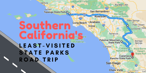 Map highlighting a road trip route through Southern California's least-visited state parks, with key locations marked.