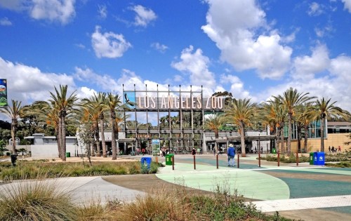 Entrance to the Los Angeles Zoo, featuring palm trees and a blue sky with clouds.