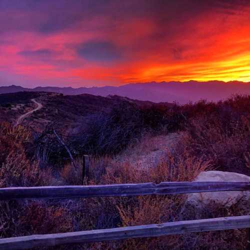 A vibrant sunset over rolling hills, with a colorful sky and silhouetted vegetation in the foreground.