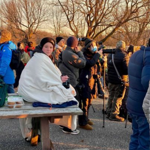 A group of people, some with cameras, gather outdoors at sunset; one person sits on a bench wrapped in a blanket.