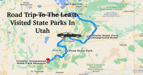 Map showing a road trip route to Utah's least visited state parks, with key locations marked and a car icon.