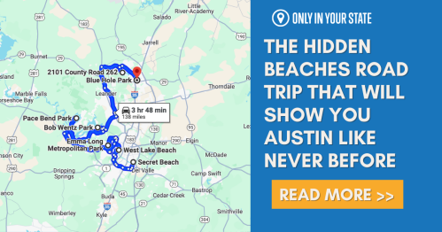 Map highlighting a road trip route to hidden beaches near Austin, Texas, with travel time and distance noted.