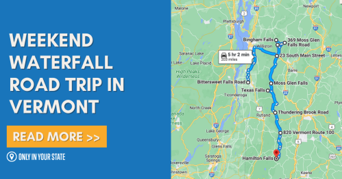 Map highlighting a weekend waterfall road trip in Vermont, with text promoting the trip and a "Read More" button.