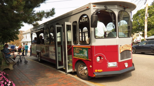 A red and white trolley bus parked on a street, with passengers boarding and flowers in the foreground.