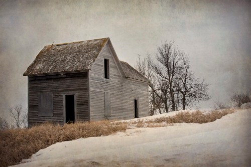 Abandoned gray house on a snowy hill, surrounded by bare trees under a cloudy sky.