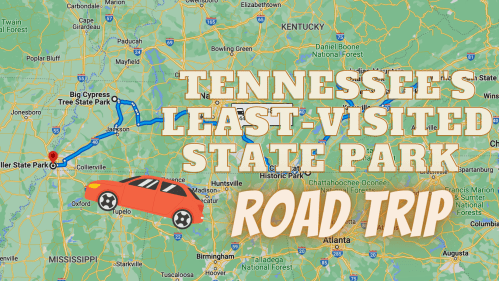 Map highlighting a road trip route to Tennessee's least-visited state park, featuring a red car icon.
