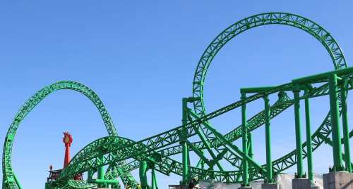 A green roller coaster with loops and twists against a clear blue sky.