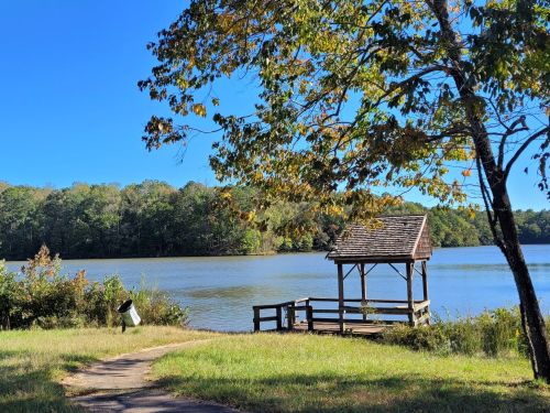 A serene lakeside scene with a wooden gazebo, surrounded by trees and clear blue skies.