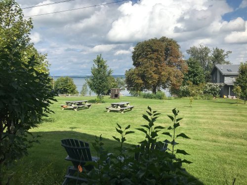 A serene landscape featuring green grass, picnic tables, trees, and a view of a lake under a partly cloudy sky.