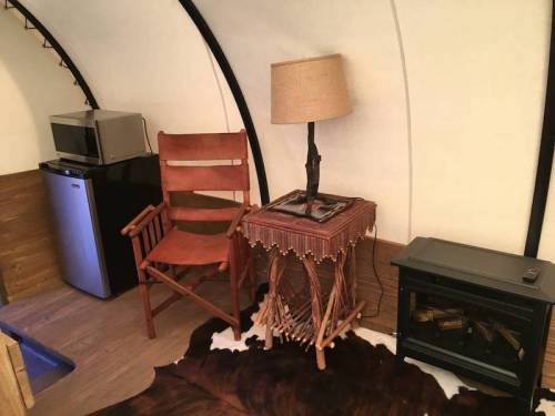 Cozy interior of a small space featuring a chair, lamp, mini fridge, and a decorative table on a cowhide rug.