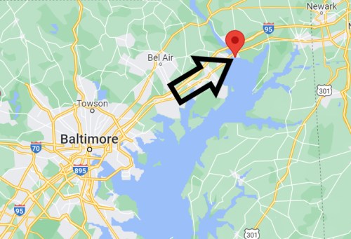 Map showing Baltimore area with a red marker indicating a specific location near I-95 and the water.