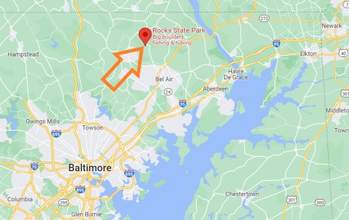 Map showing Rocks State Park in Maryland, highlighting activities like fishing and tubing, near Baltimore.