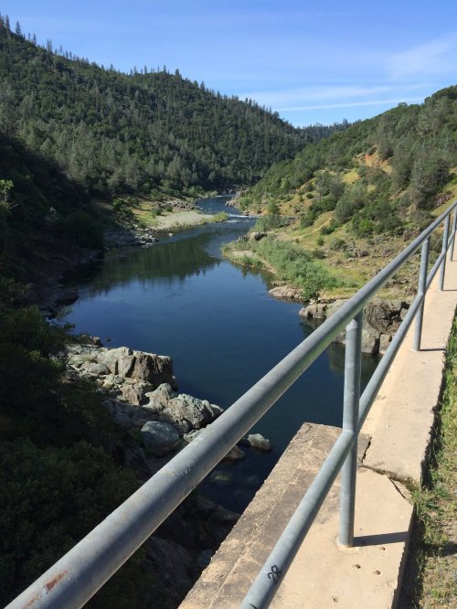 A serene river winds through lush green hills under a clear blue sky, viewed from a bridge.