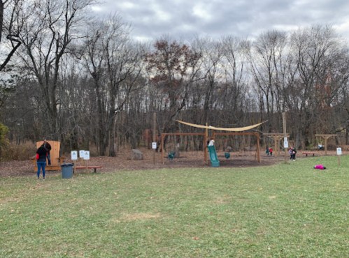 A playground with swings and climbing structures, surrounded by trees and a grassy area, on a cloudy day.