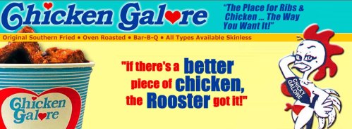 Colorful advertisement for Chicken Galore featuring fried chicken, a rooster mascot, and a catchy slogan about chicken quality.