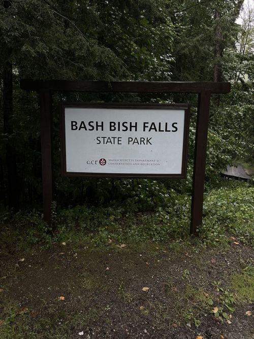 Sign for Bash Bish Falls State Park surrounded by trees, indicating the park's name and conservation information.
