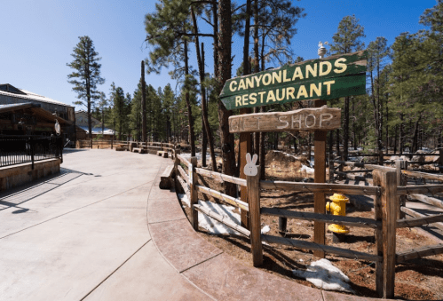 Sign for Canyonlands Restaurant and Gift Shop, surrounded by trees and a paved path in a natural setting.