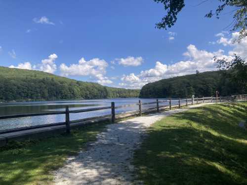 A serene lakeside view with a gravel path, green hills, and fluffy clouds under a blue sky.