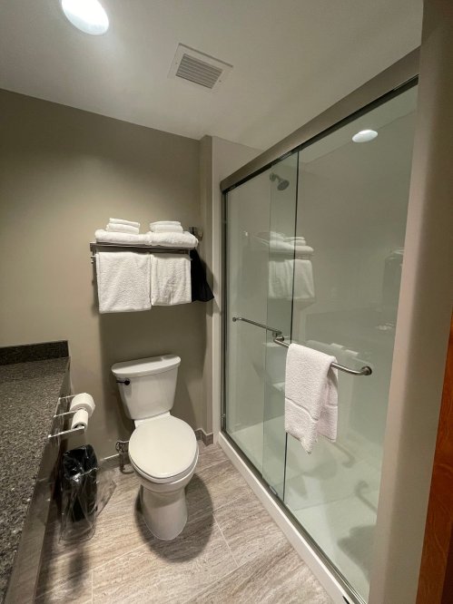 A modern bathroom featuring a toilet, shower with glass doors, and neatly arranged towels on a rack.