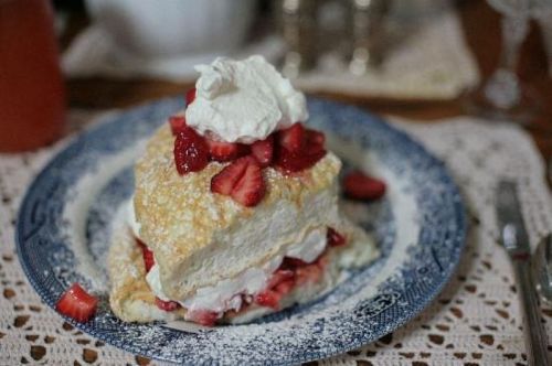 A slice of strawberry shortcake topped with whipped cream on a decorative blue plate, surrounded by fresh strawberries.