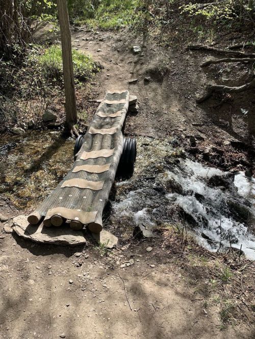 A wooden bridge over a small stream, surrounded by greenery and a dirt path.