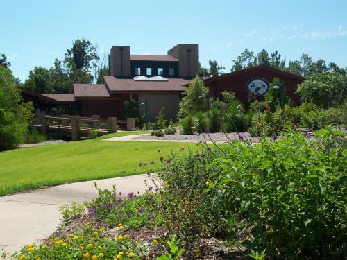 A modern building surrounded by greenery and colorful flowers, with a pathway leading to it under a clear blue sky.