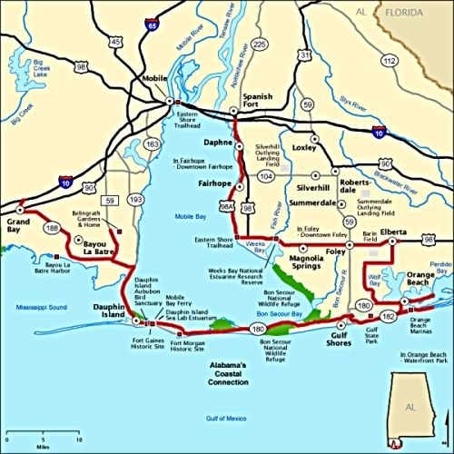 Map of Alabama's Coastal Connection, highlighting routes and towns along the Gulf Coast, including Mobile and Orange Beach.