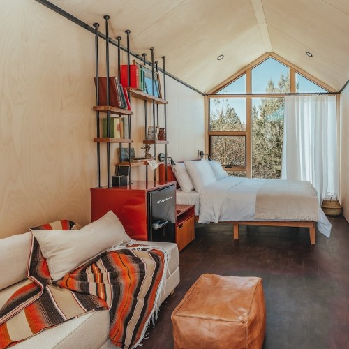 Cozy interior of a modern room with a bed, bookshelf, sofa, and large windows letting in natural light.