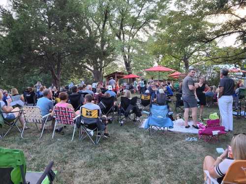 A large crowd gathers in a park, sitting in chairs under trees and umbrellas, enjoying a social event.