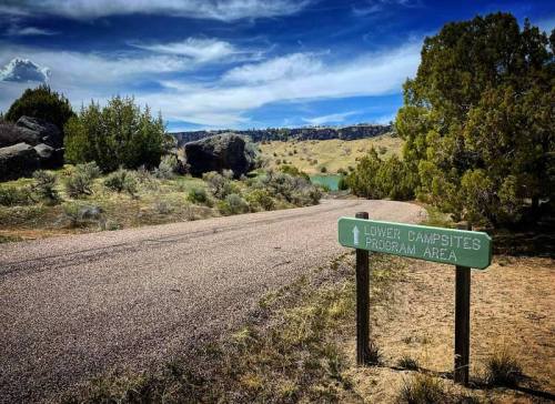 A gravel road leads to a sign for "Lower Campsites Program Area" surrounded by shrubs and rocky terrain under a blue sky.