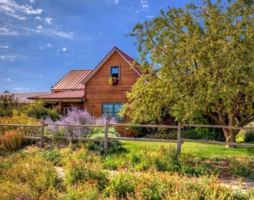 A charming wooden house with a red roof, surrounded by lush greenery and colorful flowers under a blue sky.