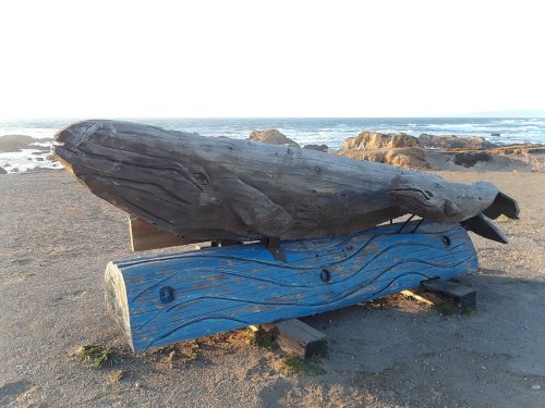 A wooden sculpture of a whale on a blue wave-shaped base, set against a coastal background.