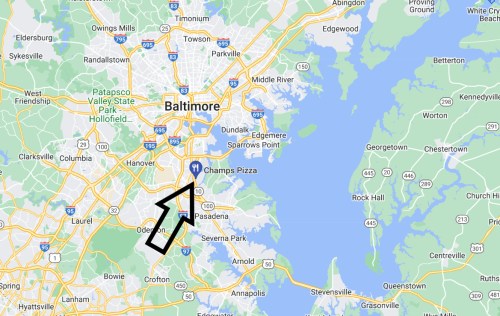 Map of Baltimore, Maryland, highlighting the location of Champs Pizza with an arrow.