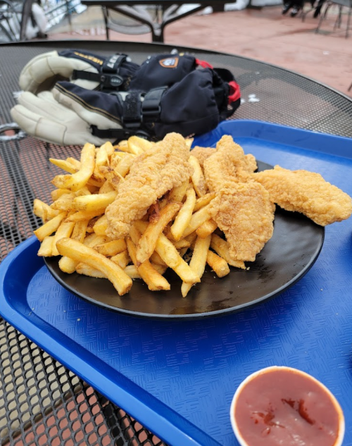 A plate of golden fried fish fillets and crispy French fries, with a side of ketchup, on a blue tray.