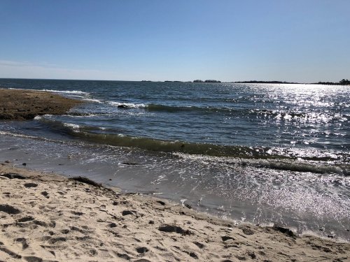 A serene beach scene with gentle waves lapping at the shore under a clear blue sky.