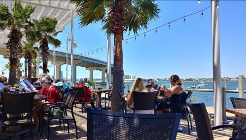 Outdoor dining area with palm trees, people enjoying meals, and a view of the water and boats under a clear blue sky.