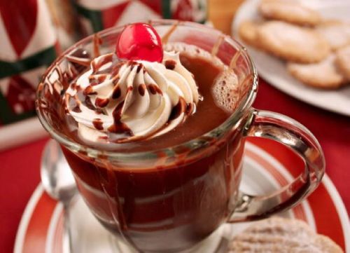A glass of hot chocolate topped with whipped cream, chocolate drizzle, and a cherry, served on a plate with cookies.