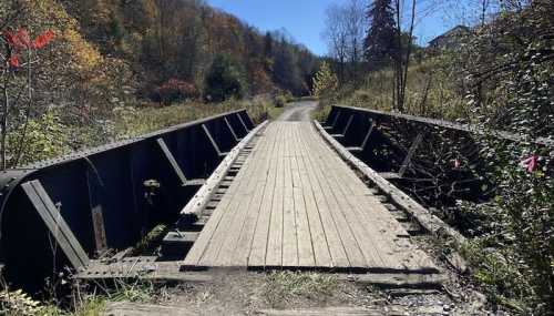 A weathered wooden bridge spans a narrow path surrounded by trees and autumn foliage.