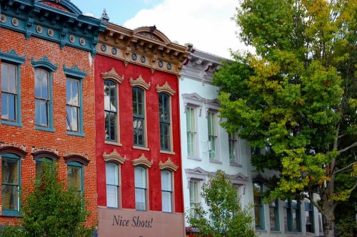 Colorful historic buildings with decorative facades and a tree in front, showcasing urban architecture.