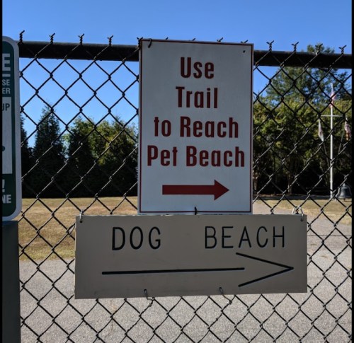 Sign on a fence directing visitors to use the trail to reach the dog beach, with arrows indicating the path.