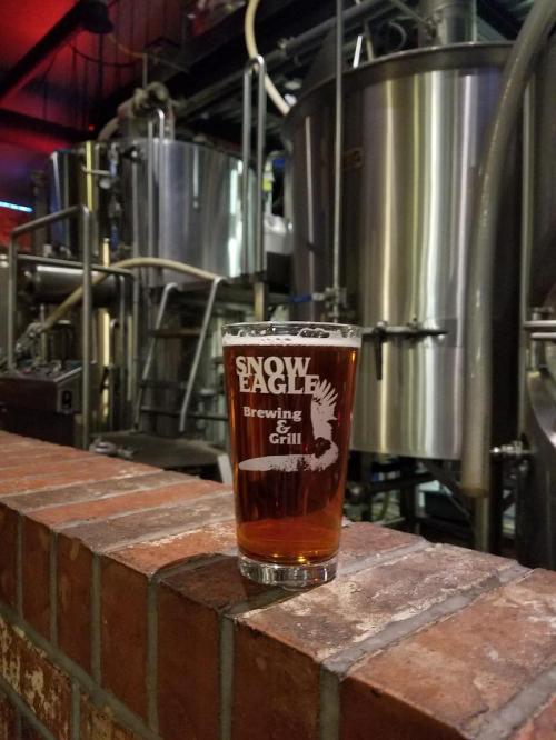 A pint of amber beer sits on a brick ledge in front of brewing equipment at Snow Eagle Brewing & Grill.