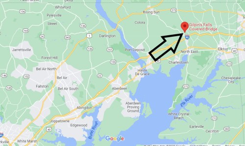 Map showing the location of Gilpin's Falls Covered Bridge, marked with an arrow, near Elkton, Maryland.